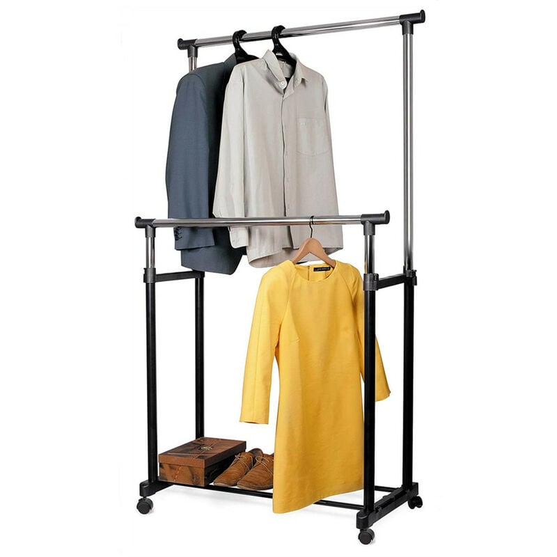Portant à vêtements réglable - l 84-150 x p 42 x h 108-170 cm - avec 4 Roulettes 2 Rails d'accrochage - Montage facile