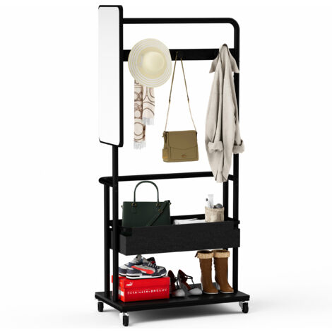 Portant à vêtements robuste en métal avec roulettes, design 3-en-1 avec panier et miroir, penderie mobile, garde-robe spacieuse, Noir, 70 x 40 x 170 cm