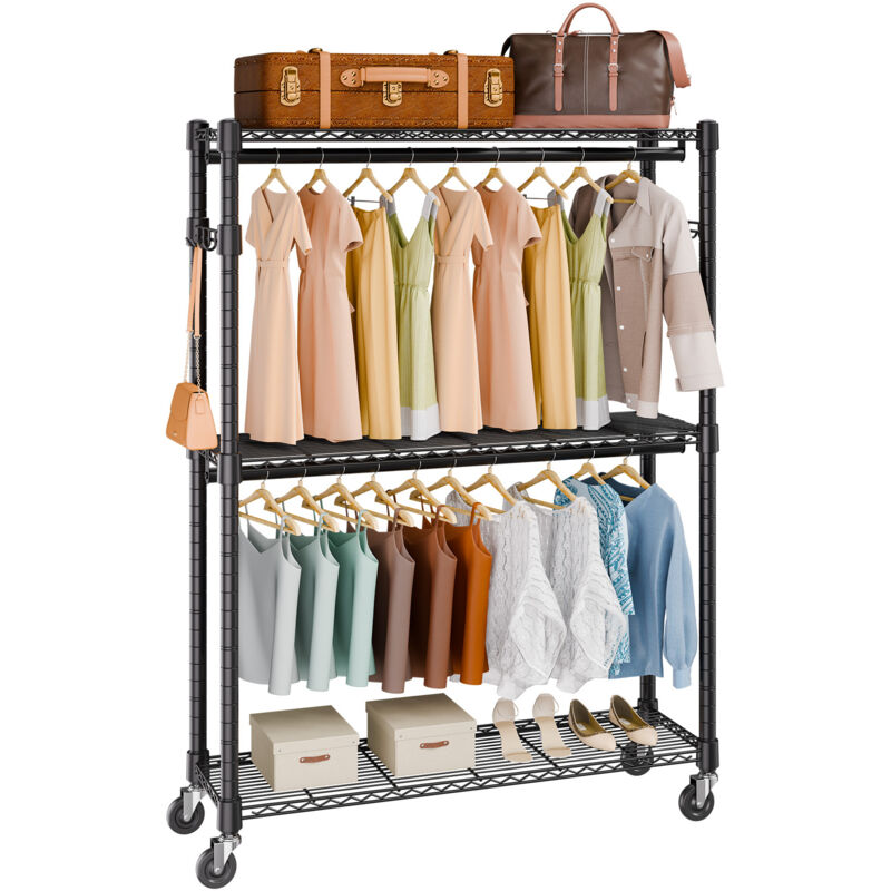 Portant à vêtements robuste Mophorn portant à vêtements roulant avec 3 niveaux, 2 tiges et 2 crochets, hauteur réglable pour placard, capacité de