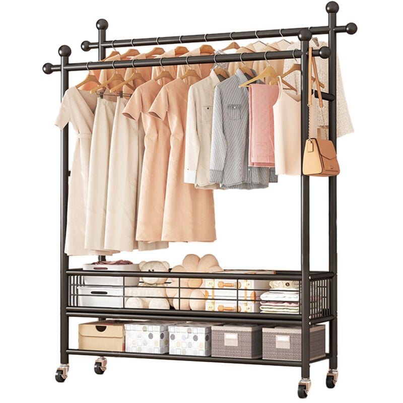 Portant à vêtements avec 2 tringles de Suspension, Portant vetement solide multifonctionnel en métal avec roulettes, adapté à la chambre et au salon
