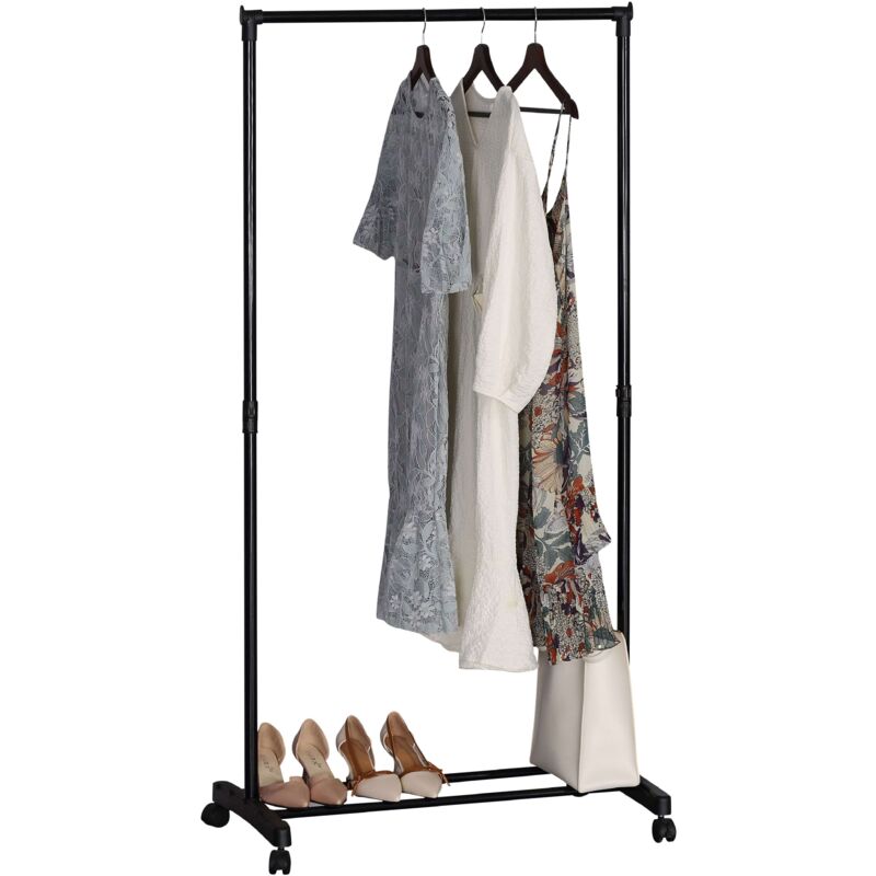 Portant à vêtements moderne noir avec roulettes et 2 barres à chaussures 75 x 157 x 42 cm