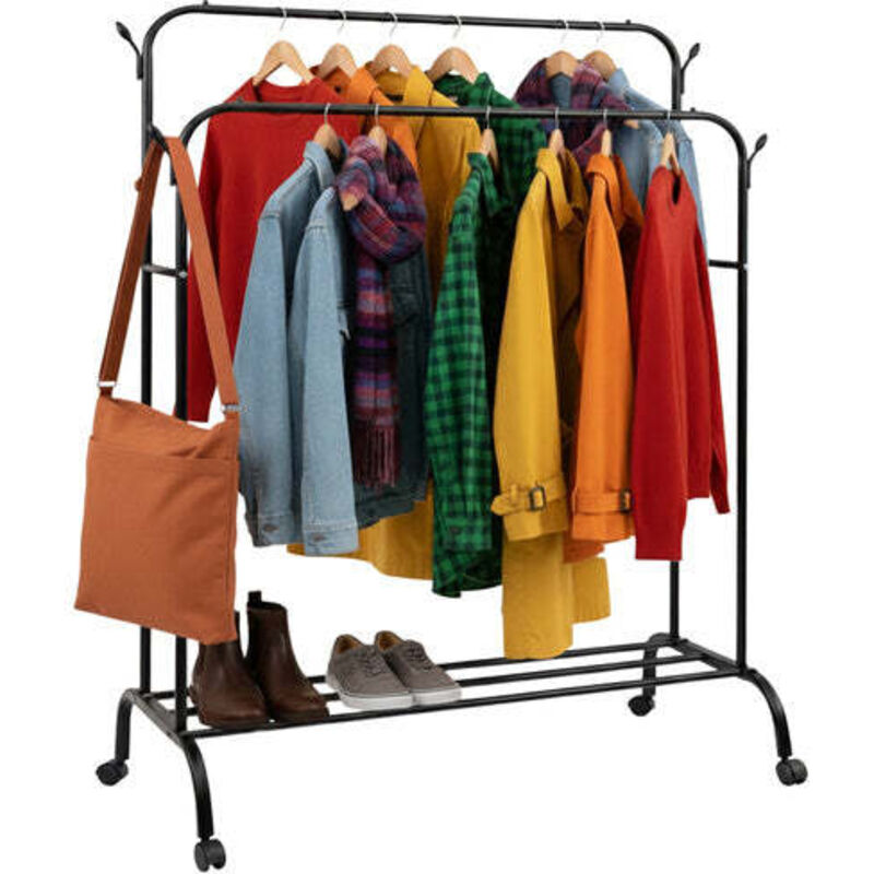 Portant a vetements sur roulettes avec etagere et crochets noir