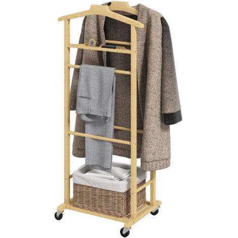 Portant à vêtements sur roulettes, porte-manteaux en bambou, double cintre intégré, 47 x 33,7 x 105,5 cm, bois naturel