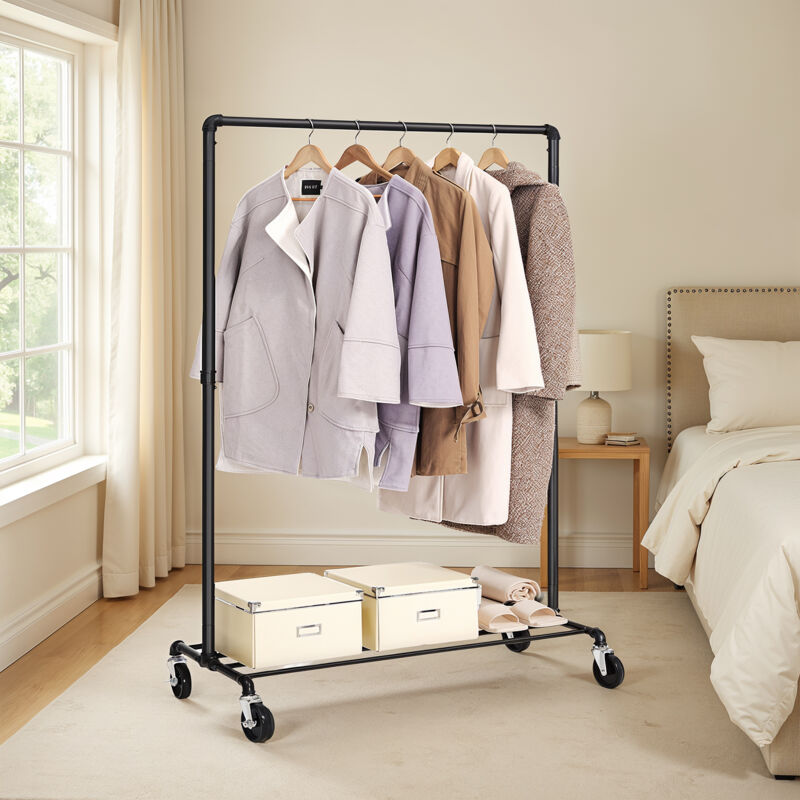 Portant à Vêtements sur Roulettes, pour Chambre, Structure Robuste avec 1 Barre et Étagère, 2 Roulettes avec Frein, Capacité Maximale de 90 kg, Noir