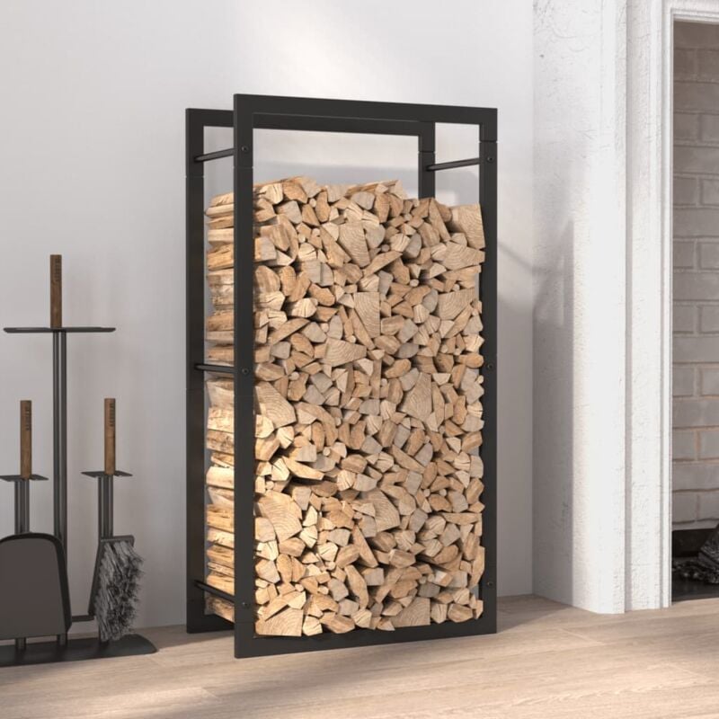Portant de bois de chauffage Porte bûches et range bûches Noir mat 50x28x94 cm Acier 16251