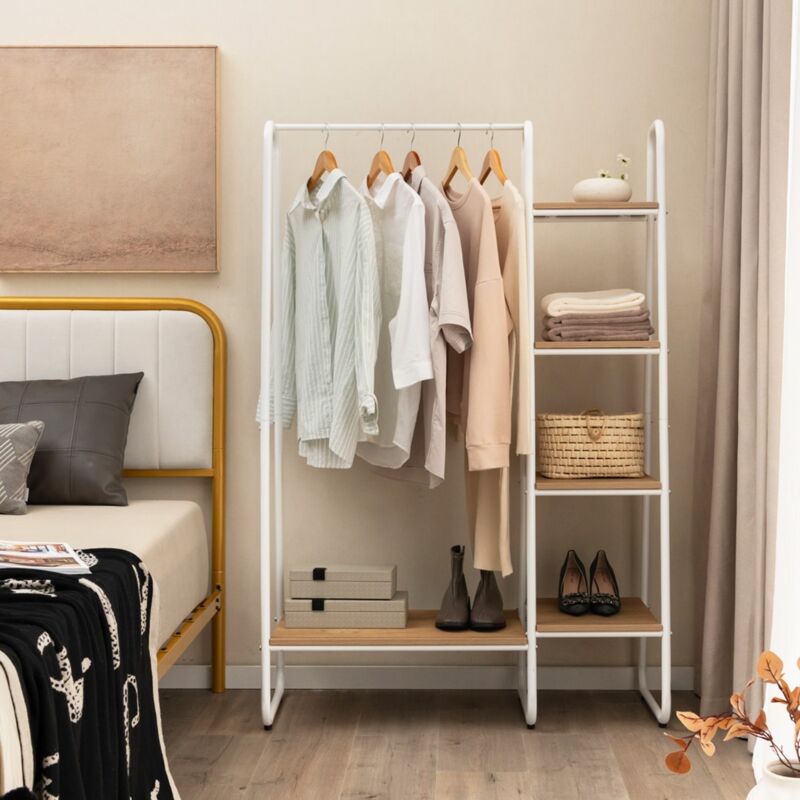 Portant-Vêtements avec 5 Etagères en Bois Penderie Rangement pour Chaussures Sac à Main Echarpe Naturel
