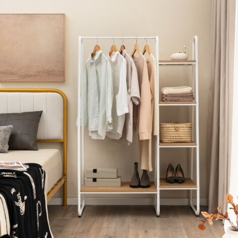 Portant-Vêtements avec 5 Etagères en Bois Penderie Rangement pour Chaussures Sac à Main Echarpe Naturel