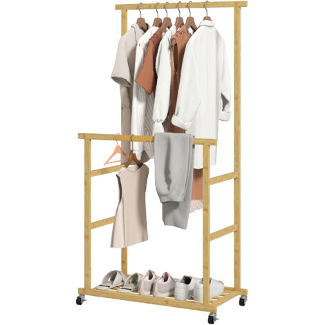 Portant vêtements sur roulettes, penderie avec barre, rangement chaussures, en bambou, 80 x 40 x 160 cm, couleur naturelle