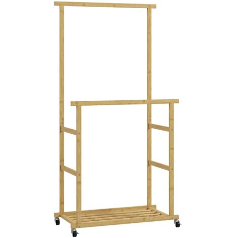 Portant vêtements sur roulettes, penderie réglable avec tringle et étagère chaussures bambou 80x40x160 entrée design