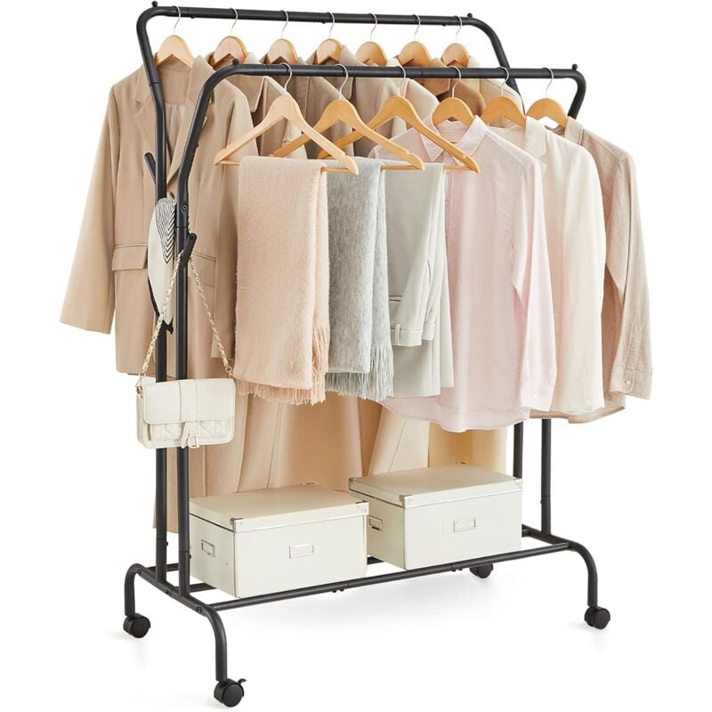 Songmics - Portant à Vêtements avec Roulettes, Double Barre, Porte-manteau, en Acier, Charge 100 kg, Largeur de 103,5 cm, Rangement Polyvalent, Noir