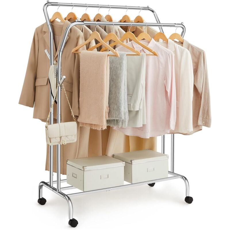 Songmics - Portant à Vêtements avec Roulettes, Double Barre, Porte-manteau, en Acier, Charge 100 kg, Largeur de 103,5 cm, Rangement Polyvalent, Argent