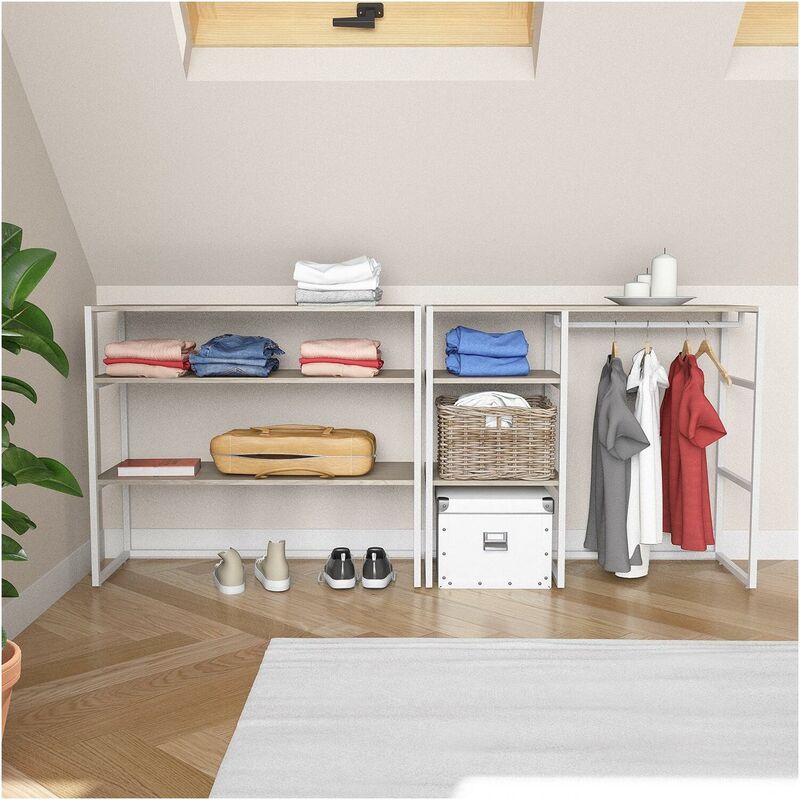 Mob-In – Lot de 2 portants vêtements modulables 200x85cm – Métal blanc avec étagères chêne naturel – Pour espaces sous combles