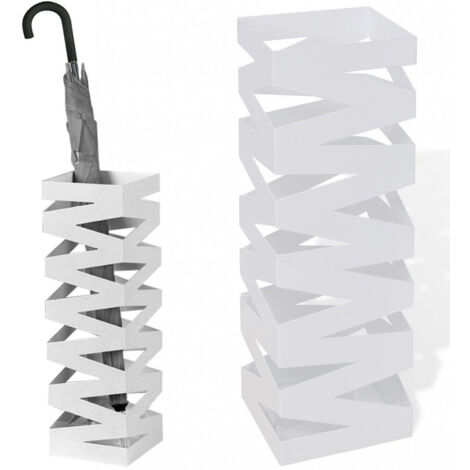 Portaombrelli in Metallo Design Quadrato Stand Bianco Vaschetta Salvagoccia