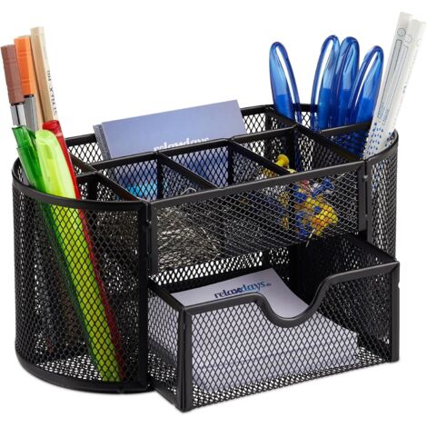 Portapenne con cassetto, in metallo, dimensioni (A x L x P): 10,5 x 22 x 11 cm, nero.
