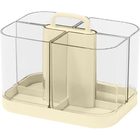 Portapenne da scrivania a 2 scomparti con 4 scomparti e maniglia - Organizzatore per articoli artistici da ufficio - Portapennelli per il trucco - Salvaspazio - Organizzatore per attrezzi (Crema+Bianc