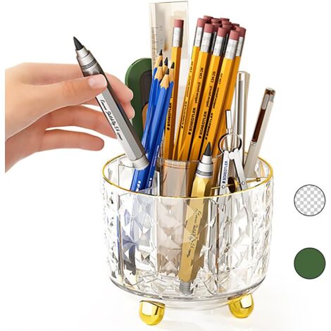 Portapenne girevole a 360° da 2 pezzi per scrivania, portapennelli da trucco con 6 scomparti, organizer da scrivania per utensili da scrittura, forniture per ufficio e scuola (trasparente + verde scur