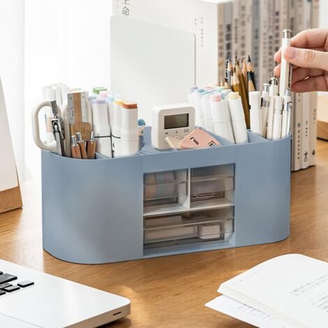 Portapenne, scatola portaoggetti, organizer da scrivania, 10 scomparti, grande capacità, cassetto trasparente a doppio strato, può contenere matite, matite colorate e vari articoli di cancelleria, blu