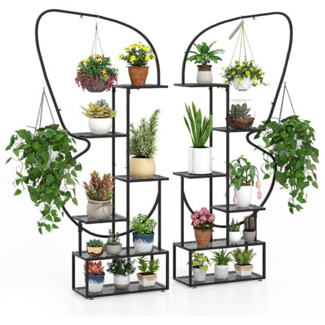 Portapiante in metallo a 6 ripiani, mensola per fiori con 12 ripiani in metallo e 4 ganci a farfalla, 56 x 26 x 185 cm, nero
