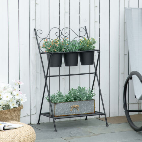 Portapiante Scaffale in Metallo Pieghevole, Set Vasi per Piante con Ripiano per Casa e Giardino, 47x37x78.5cm, Nero