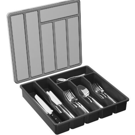 Portaposate per cassetto con coperchio, contenitore per posate da cucina, organizer per posate in plastica, per cucchiai, forchette, coltelli, 6 scomparti, nero