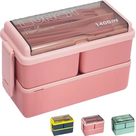 Portapranzo - Bento box 1400 ml - Per adulti e bambini - Portapranzo con scomparti e posate - Plastica - Adatto al microonde - A tenuta stagna - Rosa