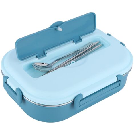 Portapranzo portatile in acciaio inossidabile a 4 scomparti con ciotola per zuppa, portapranzo da lavoro (con cucchiaio e bacchette) (Blu)