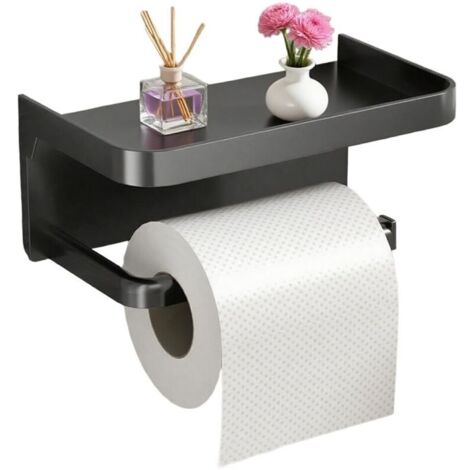 Portarotolo con supporto mobile – Portarotolo autoadesivo per bagno (nero, quadrato, 18 x 10 x 8 cm)