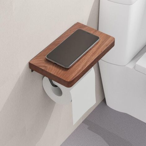 Portarotolo di carta igienica con ripiano per bagno in stile rustico. Portarotolo rustico. Montaggio a parete. Antiruggine. Regolabile. Facile da strappare. Noce.