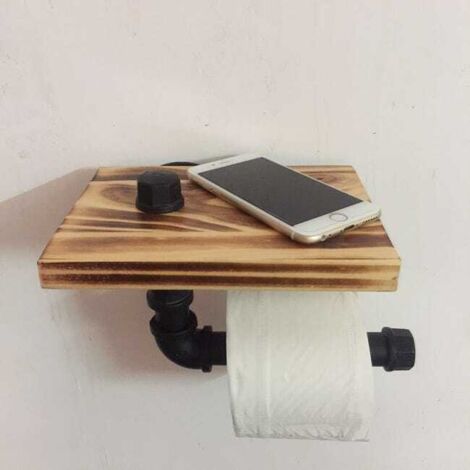 Portarotolo di carta igienica - Set portarotolo di carta igienica in tubo di metallo dal design retrò con vassoio in legno, nero - 2015 cm