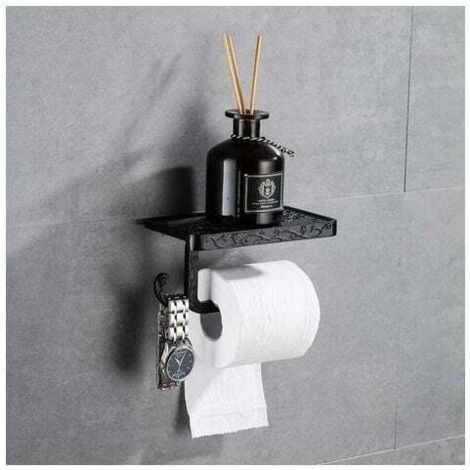 Portarotolo igienico per carta igienica con mensola per cellulare, montaggio a parete per bagno, stile retrò vintage (nero)