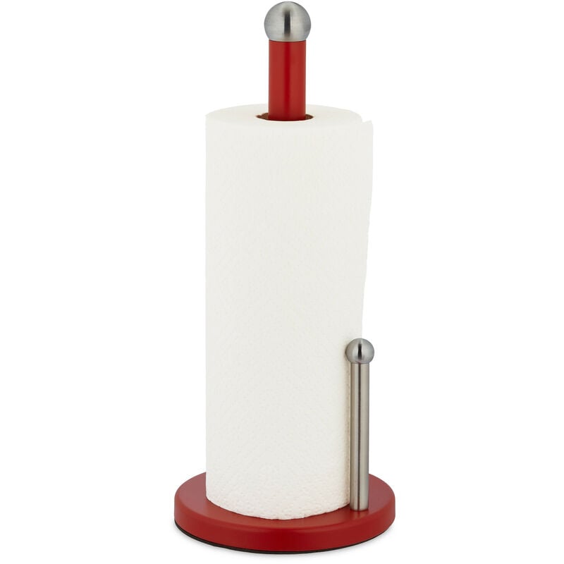 Portarrollos Cocina Vertical, Soporte Rollos Encimera, Sujetarrollos Metal con Tope, 35 x 15 cm, Rojo/Plateado - Relaxdays