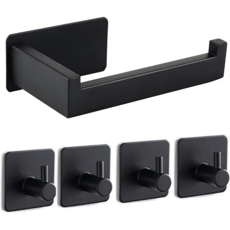 Portarrollos de papel higiénico autoadhesivo sin taladrar, de acero inoxidable, con 4 ganchos para toallas, para cocina y baño, color negro