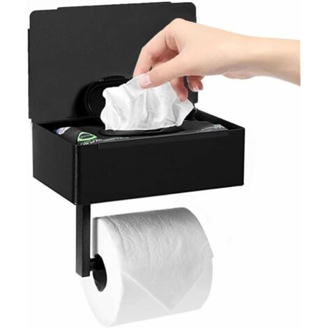 Portarrollos de papel higiénico, caja para toallitas, color negro mate, caja de almacenamiento, portarrollos de acero inoxidable para baño y cocina (autoadhesivo o perforado)