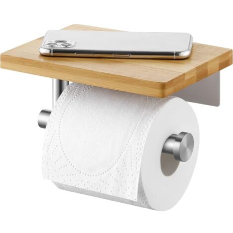 Portarrollos de papel higiénico (cepillado) con estante de bambú, portarrollos de papel higiénico de pared para baño, acero inoxidable
