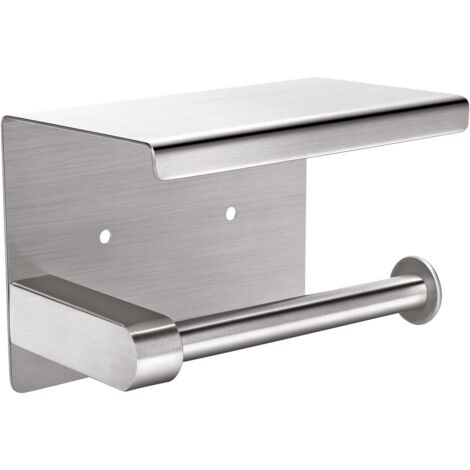 Portarrollos de papel higiénico con estante integrado, se puede pegar o fijar a la pared con tornillos sin necesidad de taladrar - acero inoxidable niquelado cepillado.