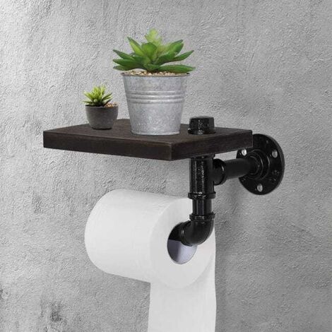 Portarrollos de papel higiénico con estante, portarrollos de papel higiénico de madera, dispensador de papel higiénico de pared (negro)