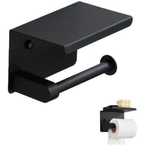 Portarrollos de papel higiénico con estante - Soporte para toallas de papel - Estante de baño - Apto para cocina y baño - Acero inoxidable - 14 × 10 × 10 cm - Negro