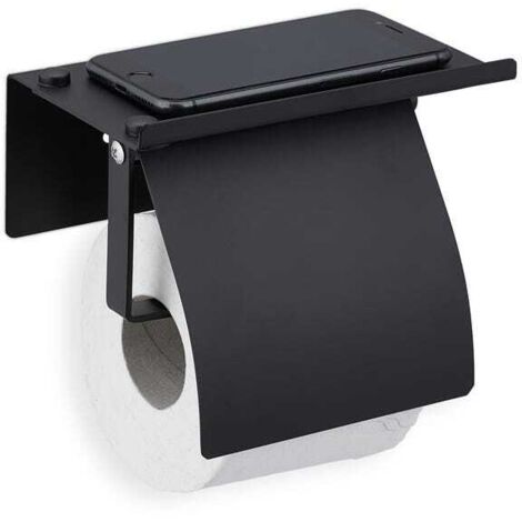 Portarrollos de papel higiénico con mini estante, soporte de pared para inodoro, requiere perforación, acero inoxidable, negro