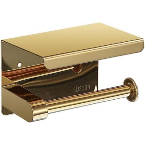 Portarrollos de papel higiénico con soporte para teléfono, XU, Capacidad para 1 rollo de papel higiénico, acero inoxidable (dorado) - KZQ
