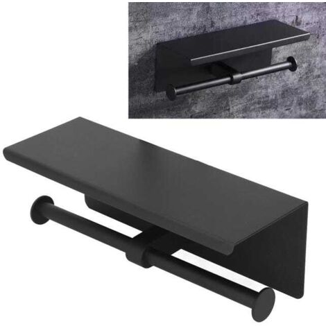 Portarrollos de papel higiénico de acero inoxidable con estante autoadhesivo, no requiere taladrar, para baño K10 Negro