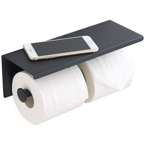 Portarrollos de papel higiénico de acero inoxidable con estante de pared para baño (negro, doble cabezal)