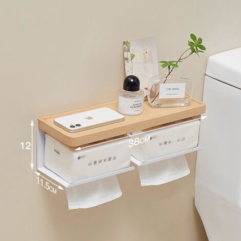 Portarrollos de papel higiénico de madera maciza sin taladrar - Organizador de baño de doble rollo con soporte para teléfono - Diseño de madera natural para montaje en pared