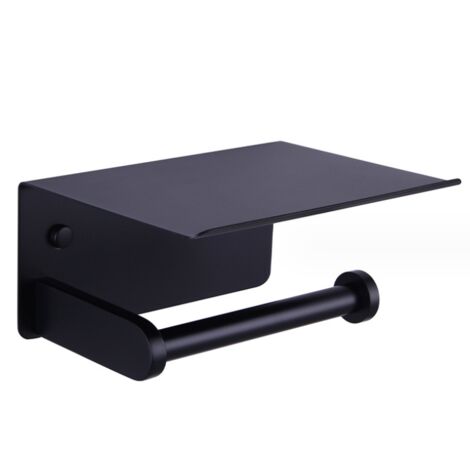 Portarrollos de papel higiénico de pared con estante, autoadhesivo, de aluminio (negro)