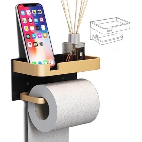 Portarrollos de papel higiénico de pared con soporte para teléfono, moderno portarrollos adhesivo, color negro y dorado.