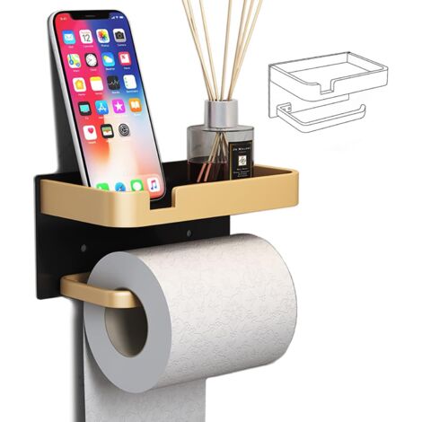 Portarrollos de papel higiénico de pared con soporte para teléfono, moderno portarrollos adhesivo, portarollos de baño negro y dorado