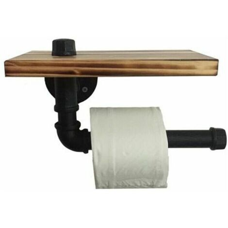 Portarrollos de papel higiénico - Estante de almacenamiento con diseño retro de tubo de metal y bandeja de madera negra - 20 x 15 cm