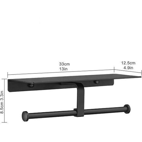 Portarrollos de papel higiénico higiénico sin taladrar, con soporte para móvil, montaje en pared, doble para baño (negro)