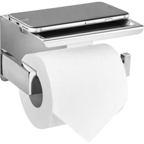 Portarrollos de papel higiénico plateado con estante integrado, fabricado en acero inoxidable, para montaje en pared sin necesidad de taladrar.