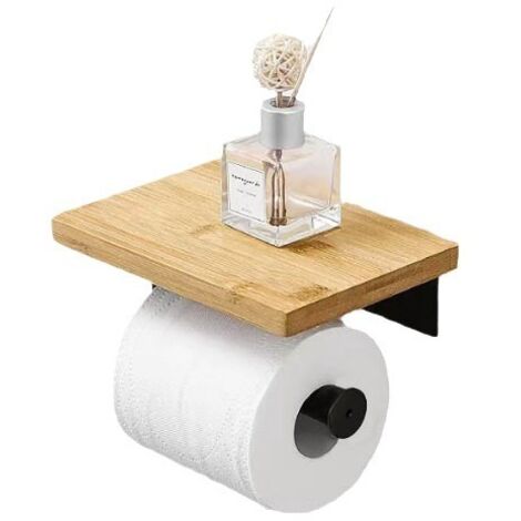 Portarrollos de papel higiénico, Portarrollos de papel higiénico con bandeja de bambú, Dispensador de papel higiénico de pared, Soporte para rollos de papel higiénico