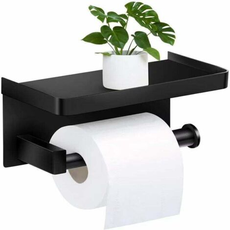 Portarrollos de papel higiénico sin taladrar, dispensador de papel higiénico con estante, acero inoxidable SUS 304, autoadhesivo y montaje en pared para baño (negro)